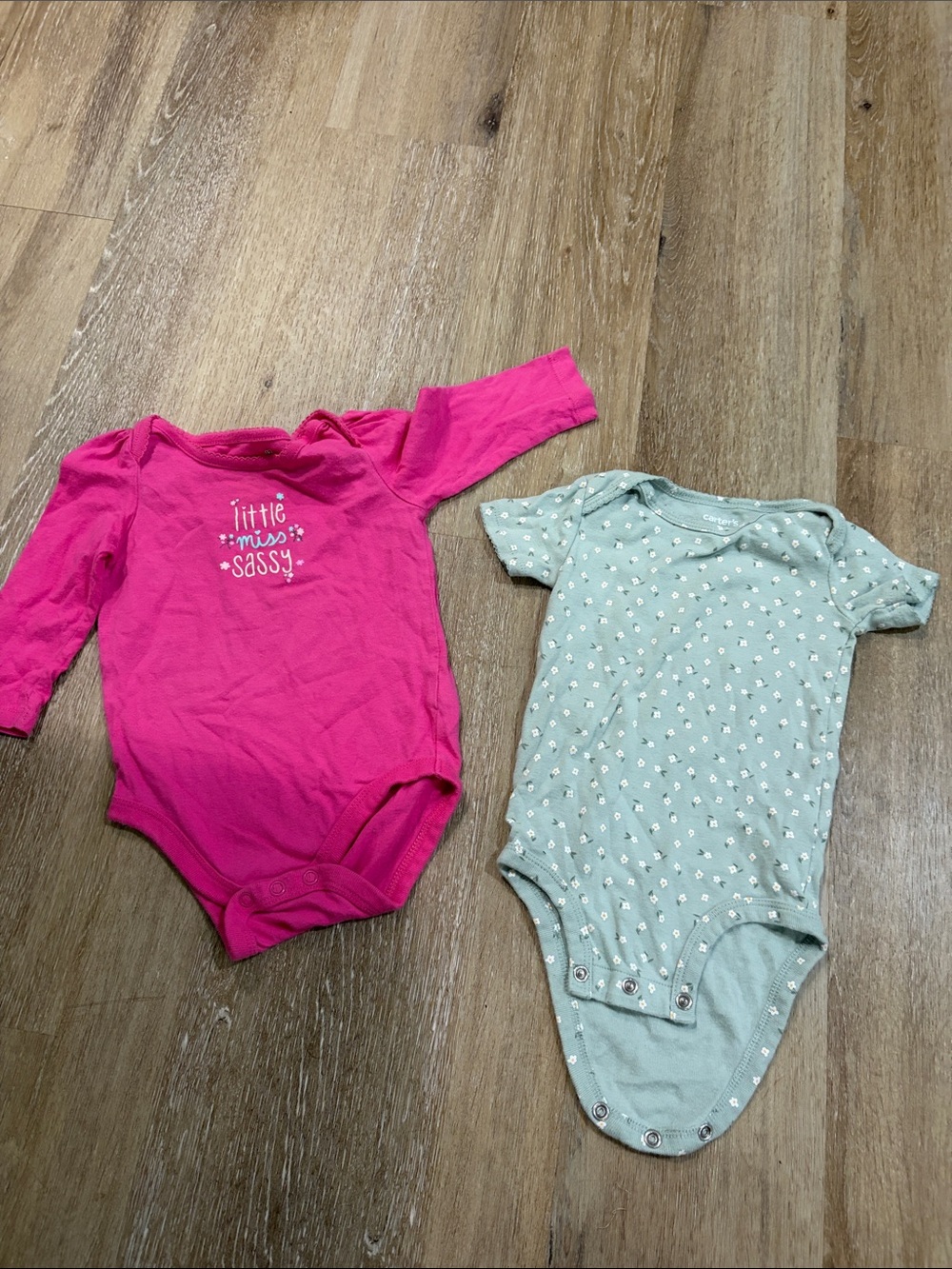 Little Miss Sassy Pink Baby One-Piece Bodysuit and floral green one piece